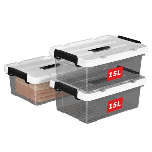 Cetomo 15L*3 Storage Boxes, Carry Plastic Storage Box with Lids, Organizing Container with Handle and Secure Latching Buckles, Stackable, Nestable, Tote Bin for Home Clothes, 15L-3Pack, Clear Black