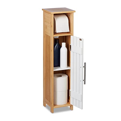 Relaxdays Bathroom Cabinet, Toilet Roll Holder, Free-standing, Wooden, Storage, Cupboard, HxWxD: 71x18x20cm, Brown/White