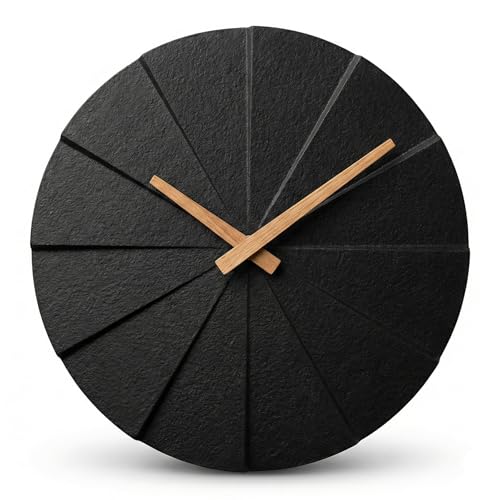 Driini Staircase Modern Wall Clock - Unique 11.2 in. Frameless Concrete Design - Contemporary, Minimalist Decor No Numbers - Silent Battery Operated Clocks with Decorative Wooden Hands Black