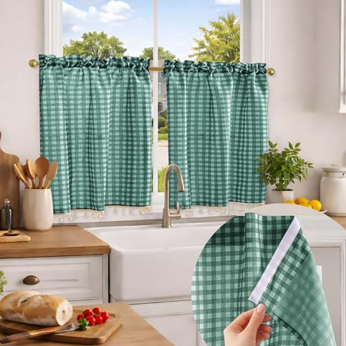 Jilron No Drill Gingham Check Linen Kitchen Curtains ??? Farmhouse Rustic Tier Drapes for Small Cafe Windows-Dark Green Check(W 34*L 24in-2-Panel)