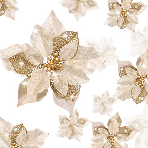 Boao 24 Pieces Christmas Glitter Poinsettia Flowers Artificial Xmas Flowers Wedding Christmas Tree New Year Ornaments (Gold)