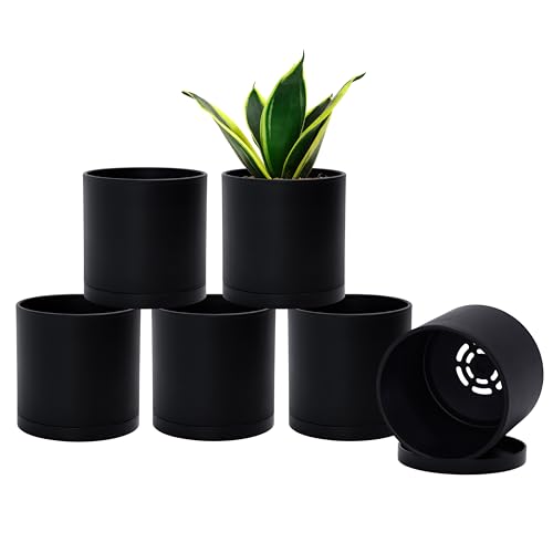 D'vine Dev 6-Pack Black Plastic Planters with Saucers, 4.5 in, 74-Y-F-3 - Lightweight Durable Build, Matte Finish, Cylindrical Shape, Efficient Drainage, Detachable Saucer, Minimalist Modern Style