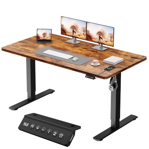 JUMMICO Electric Standing Desk 140x60cm – Height Adjustable with USB Charging, Sedentary Reminder, Memory Heights for Home Office Use, Rustic Brown