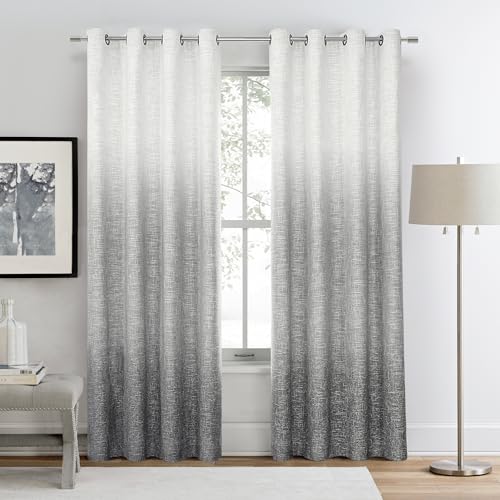 "Ombre Full Blackout Curtain Panels 84 Inch Long Noise Reducing Energy Efficient Window Treatment Drapes for Bedroom Linen Texture with Grommets Top Gradient Print Cream White to Gray, 50""x84""x2"