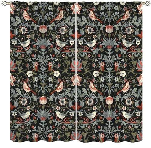 XBDDZSW Boho Curtain William Morris Art Print Retro Bird Plant Natural Flower Pattern Printed Curtains Bedroom Living Room Kitchen Privacy Curtains 2 Panels 42x45in Decor