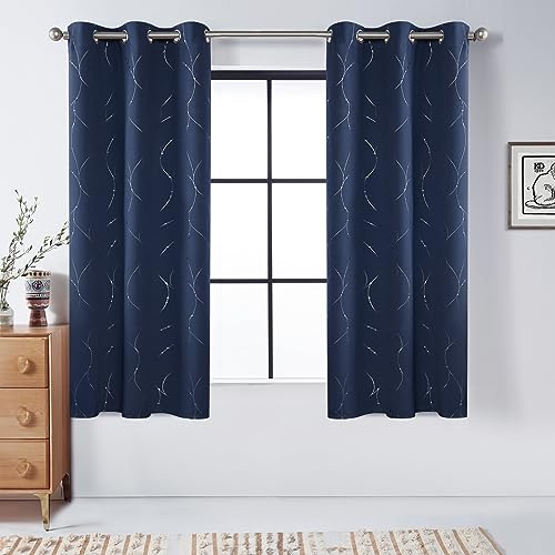 BUHUA Short Blackout Curtains - Silver Wave Pattern, Grommet Top Drapes Thermal Insulated Window Curtain for Bedroom Living Room (38 x 45 Inch, Navy Blue, 2 Panels)