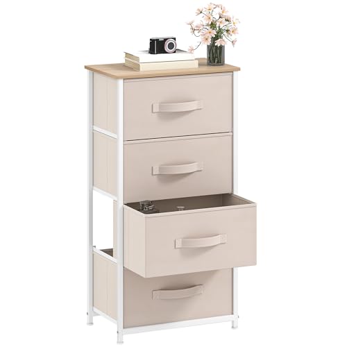 DWVO Chest of Drawers, 4 Fabric Drawers Bedroom Cabinet,Dresser for Bedroom,Living Room With Handles,Wood Top and Sturdy Steel Frame,Cream White