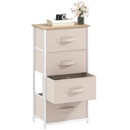 DWVO Chest of Drawers, 4 Fabric Drawers Bedroom Cabinet,Dresser for Bedroom,Living Room With Handles,Wood Top and Sturdy Steel Frame,Cream White