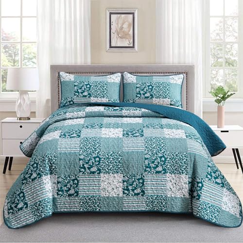 "Mybedsoul Teal Blue Quilt Set King Size 3 Pieces Boho Plaid Turquoise Floral Bedspread Set Microfiber Lightweight Bohemian Bedding Bedspread Coverlet Set for All Season 90""x104"""