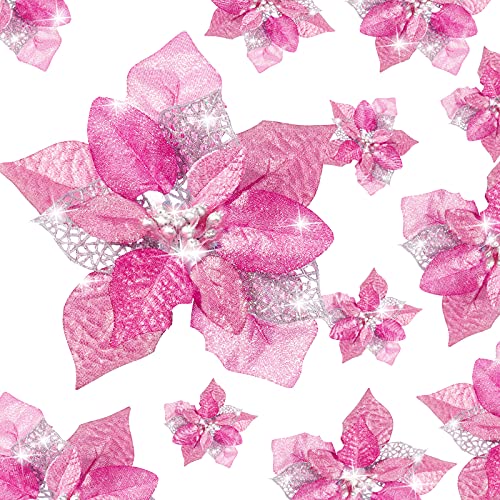 Boao 24 Pieces Christmas Glitter Flowers Poinsettia Artificial Xmas Flowers Wedding Christmas Tree New Year Ornaments (Pink)