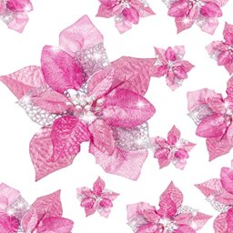 Boao 24 Pieces Christmas Glitter Flowers Poinsettia Artificial Xmas Flowers Wedding Christmas Tree New Year Ornaments (Pink)