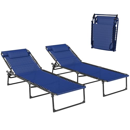 Outsunny 2 Piece Foldable Sun Loungers, Outdoor 4 Level Adjustable Backrest Reclining Chaise Chairs, Steel Frame Recliner Chair for Camping, Hiking, Navy Blue