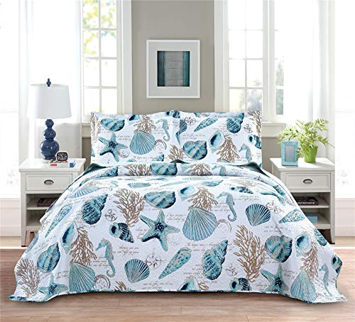 3-Piece Reversible Nautical Theme Bedspread Coverlet Queen(90x90 Inches),Blue-Green Seashells Coral Beach Bedding Sets,Lightweight Quilt Set Bed Cover,Coastal Bed Set for All Seasons(Cyan,Full/Queen)