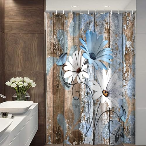 JAWO Farmhouse Flower Floral Shower Curtain, Rustic Blue Daisy Shower Curtain Set, Country Blue Wild Garden Plant Fabric Shower Curtain with Hooks, Brown Wooden Board Bathroom Curtain, 47x64inch