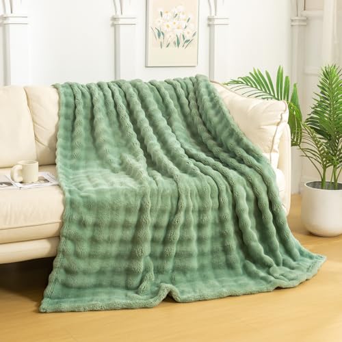 YUSOKI 3D Fleece Bubble Throw Blanket - 380GSM Ultra Soft Fluffy Plush - Non-Shedding Lightweight Cozy Blanket for Couch Sofa Bed - All Season (Sage Green,50 * 60inches)