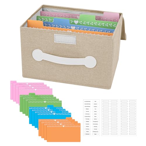 slcinwzdt Greeting Card Organizer Box with 16 Dividers, Collapsible Storage Box, Holder with Lids, Ideal for Cards, Recipes, Photos, Envelopes, Keepsakes (Beige, 84 Labels)