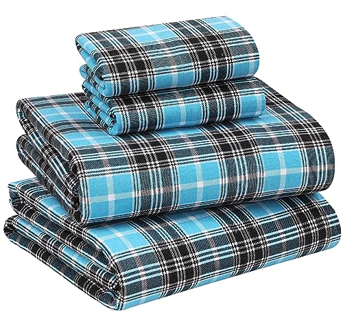 RUVANTI Flannel Sheets Queen Size - 100% Cotton Double Brushed Bed Sheets, Deep Pockets 16 Inches Queen Sheet Set, All Seasons Breathable & Extra Soft - Warm & Cozy, 4 Piece, Teal Plaid