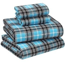 RUVANTI Flannel Sheets Queen Size - 100% Cotton Double Brushed Bed Sheets, Deep Pockets 16 Inches Queen Sheet Set, All Seasons Breathable & Extra Soft - Warm & Cozy, 4 Piece, Teal Plaid