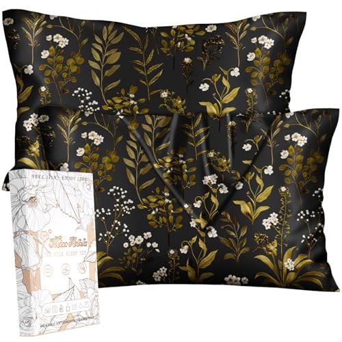 Miss Adola Silk Pillow Cases 2 Pack - King Size 20 x 36 Inch Mulberry Silky Pillowcase for Hair and Skin Soft Cute Aesthetic Bed Sleeping Pillow Cover with Zipper for Women, Leaf Flower