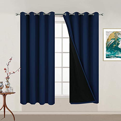 "Yakamok Navy Blue 100% Blackout Curtains 54 Inches Long 52"" Wide, 2 Panels - Blackout Curtain Panels for Bedroom, 2 Thick Layers Grommet Top Thermal Insulated Drapes with Black Liner for Living Room"