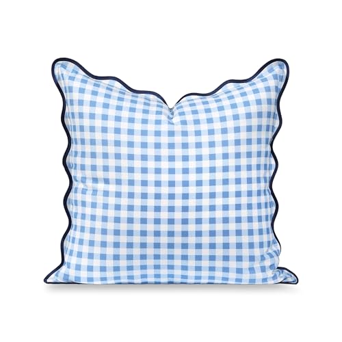 "Hofdeco Premium Coastal Hampton Scalloped Patio Indoor Outdoor Throw Pillow Cover Only, 20""x20"" Water Repellent for Backyard, Couch, Poolside, Azure Blue Navy Print Gingham"