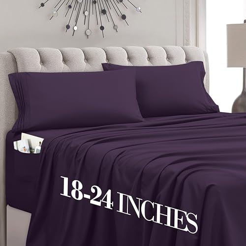 Mocassi Twin XL Size 4-Piece Bed Sheet Set - 1800 Premium Hotel Quality Microfiber 18-24 Inches Extra Deep Pocket Fitted Sheet- Luxury Soft, Breathable, Wrinkle, and Fade Resistant, Purple