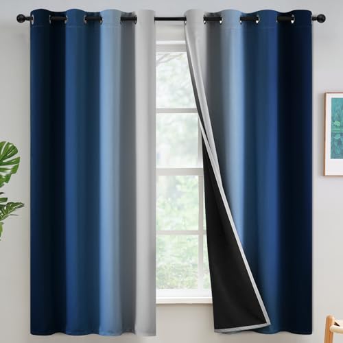 Yakamok 100% Blackout Ombre Blue Curtains 63 inches Long for Bedroom - Room Darkening Curtain for Living Room Grommet Light Blocking Thermal Insulated Gradient Drapes???2 Panels???52W x63L