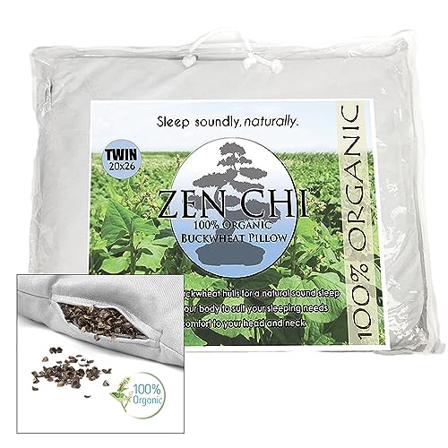 "ZEN CHI Buckwheat Pillow Organic Buckwheat Pillow - Twin Size (20"" X 26"")- 100% Cotton Cover with Organic Buckwheat Hulls 20Wx 26L"