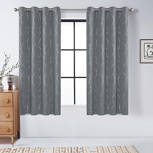 BUHUA Small Window Curtains, Blackout Curtains with Wave Line and Dots Printed, Heat Blocking Curtains, Thermal Curtains for Bedroom Living Room (52 x 45 Inch, Light Grey, 2 Panels)