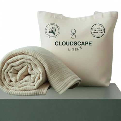 Cloud Scape Linen Cotton Blanket for Bed Soft Large 4 Layer Muslin Bed Blankets Lightweight Breathable Blanket All Season Gauze Blanket (Fog, Throw (50x70))