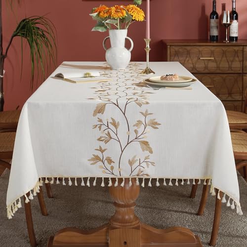 Laolitou Cotton Linen Waterproof Tablecloth for Dining Table Farmhouse Kitchen Rectangle Table Cloth Coffee Wrinkle Free Table Cover, Beige, Coffee Flower, 55x120 Inch