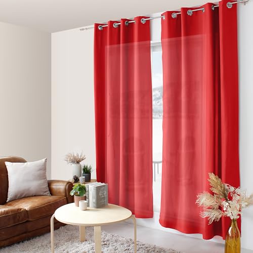 ED ENJOY HOME Red Curtain 140 x 240 cm Metal Eyelets Microfibre Fabric Cotton Voile Look for Bedroom and Living Room