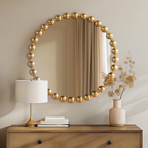 "Madison Park SIGNATURE Wall Décor Marlowe Metal Spherical Frame Round Mirror for Living Room - Home Accent, Ready to Hang Bedroom Decoration, 27"" Diameter, Gold"
