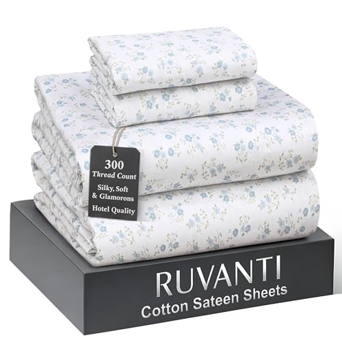 "RUVANTI 100% Cotton Sateen Sheets King Size, Blooming Stamp - King Sheet 300 Thread Count 4 Piece Set, 16"" Deep Pocket, Cooling Bed Sheets For Hot Sleepers, Breathable & Durable"