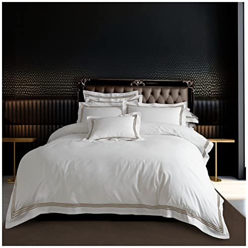 GC GAVENO CAVAILIA Luxury Plain Dyed Duvet Cover, Bordered Striped Polycotton Bedding, Single, White/Latte