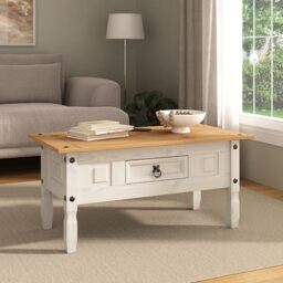 Corona White Coffee Table with 1 Drawer Mexican Solid Pine Wood Country Rustic Style