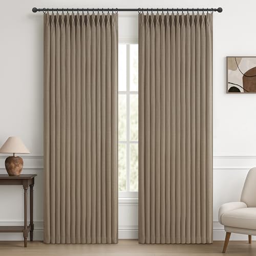 Pinch Pleated Blackout Linen Curtains 72 Inches Long for Laundry Room, Memory Trained Dual Layer Thermal Soundproof Farmhouse Window Drapes Dark Flax 6FT Length Energy Efficient Heavy Curtain 2 Panels