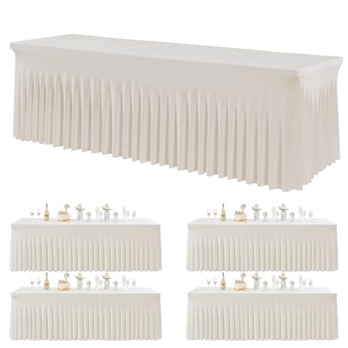 Htper 4 Pack Spandex Ivory Tablecloths for 8 Foot Rectangle Tables, Wrinkle Free Stretchy Table Clothes 8 ft Fitted Tablecover Desk Skirt for Parties Weddings Birthday Banquet Baby Shower