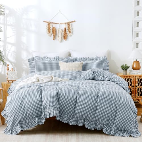 "ATsense Blue Gingham Duvet Cover Bedding Set 100% Washed Cotton Like Linen Feel Soft Breathable 3 Pcs Plaid Checkered Cute Ruffle Comforter Cover Set (Full 80""x90"", No Comforter)"