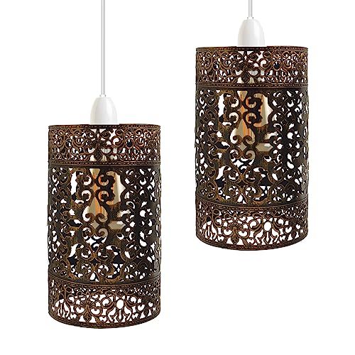 DC VOLTAGE 2 Pack of Industrial Metal Bulb Guard Drum Shaped Lampshades for Ceiling Pendant Lights, Indoor Easy Fit Wire Cages for Kitchen, Hallways (S5 - Brushed Copper)