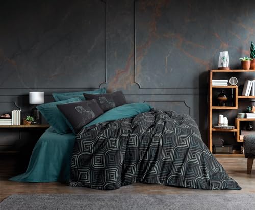 Nuit Des Rêves Ranforce Single XXL Quilt Cover Set, Petrol Blue, 155 x 220 cm, 100% Cotton, Reactive Printing, Machine Washable, Envelope & Button Closure, Soft & Stylish Bedding