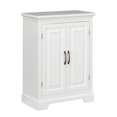 Teamson Home St. James Freestanding Two-Door Floor Cabinet, White with Brushed Bronze Handles, Adjustable Shelves, Magnetic Latch Closure for Bathroom or Utility Storage