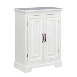 Teamson Home St. James Freestanding Two-Door Floor Cabinet, White with Brushed Bronze Handles, Adjustable Shelves, Magnetic Latch Closure for Bathroom or Utility Storage