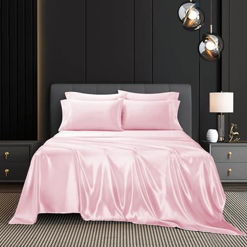 AiMay 6 Piece Satin Sheet Set King Pink Deep Pocket 1800 Series Luxury Rich Silk Silky Super Soft Solid Color 4 Pillowcases Sexy Honeymoon Wrinkle Free (Pink, King)