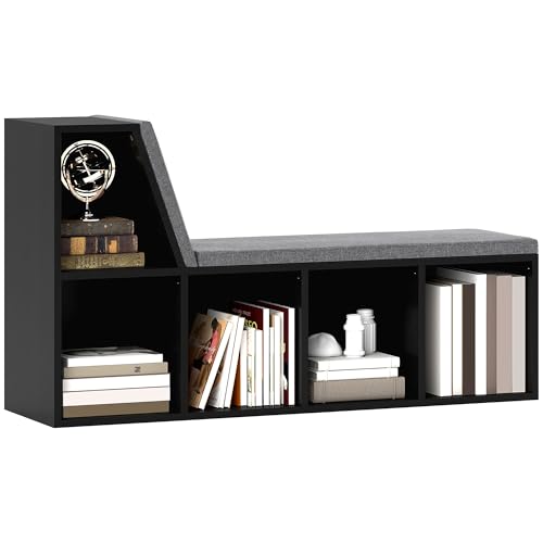 HOMCOM Bookcase Storage Shelf with Cushioned Reading Seat, Bookshelf Storage Cabinet for Study Living Room, Black