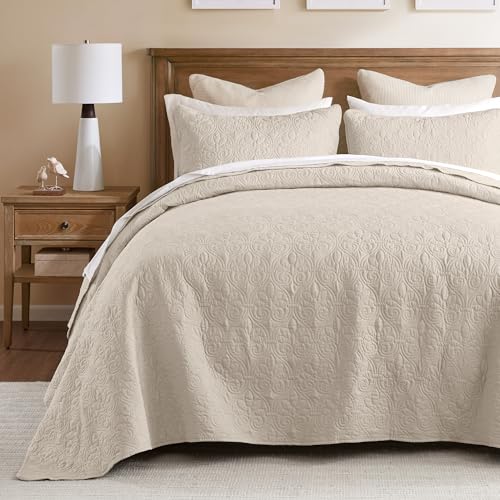 Madison Park Quebec King Size Quilt Bedding Set - Ivory, Damask – 3 Piece Bedding Quilt Coverlets – Ultra Soft Microfiber Bed Quilts Quilted Coverlet