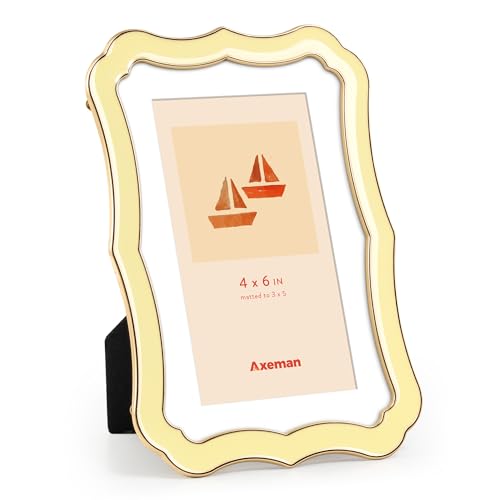 Axeman 4x6 Enamel Picture Frame with Mat for 3x5 Photo-Tempered Glass-4 x 6 Modern Ornate Photo Frame with Gold Metal Edge Velvet Back for Tabletop and Wall Mount Display, Yellow