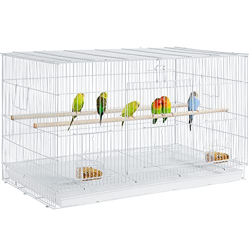 Yaheetech Bird Cage 77.5 x 46.5 x 46 cm with Slide-Out Tray White - Flight Cage, Powder-Coated Iron, 2 Perches, 4 Feeder Doors, Flat Top, Bar Spacing 10mm