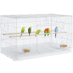 Yaheetech Bird Cage 77.5 x 46.5 x 46 cm with Slide-Out Tray White - Flight Cage, Powder-Coated Iron, 2 Perches, 4 Feeder Doors, Flat Top, Bar Spacing 10mm