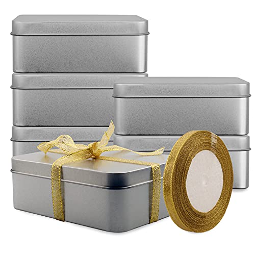 Empty Metal Tins Box with Lid,6 Pack Stainless steel Tins Cans Storage Container for Treats, Gifts, Candle, Favors and Crafts, Silver(4.9 x 3.7 x 2.3 Inches)